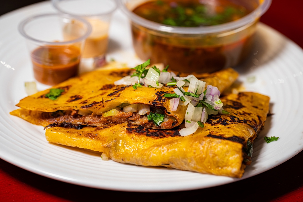 Quesadilla de birria dorada con consomé — New Burgers Medellín