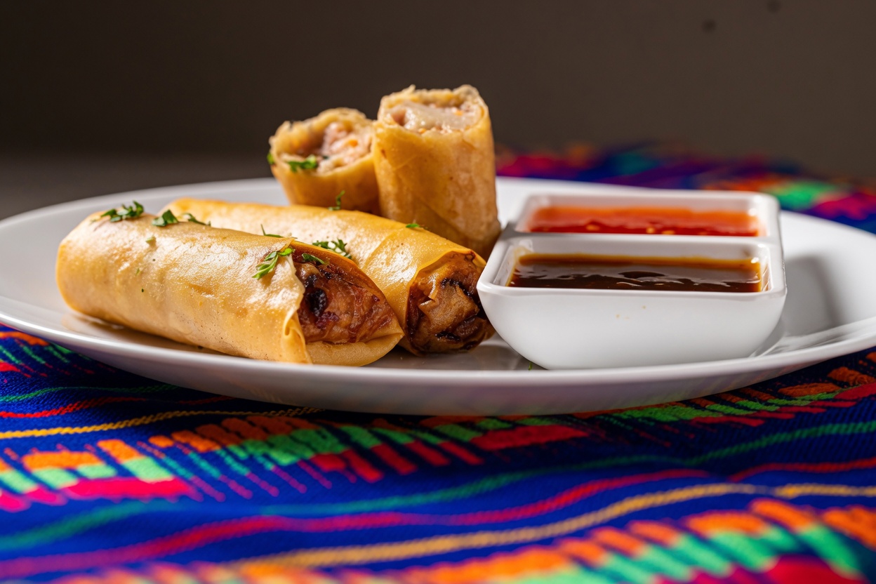 Rollos dorados crujientes con salsas para dipear