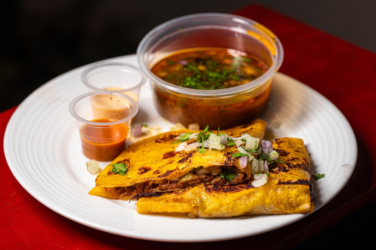 Quesadilla de birria con consomé y salsas