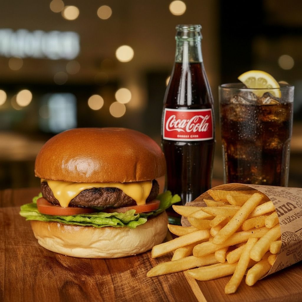 Combo hamburguesa con queso, papas fritas y gaseosa