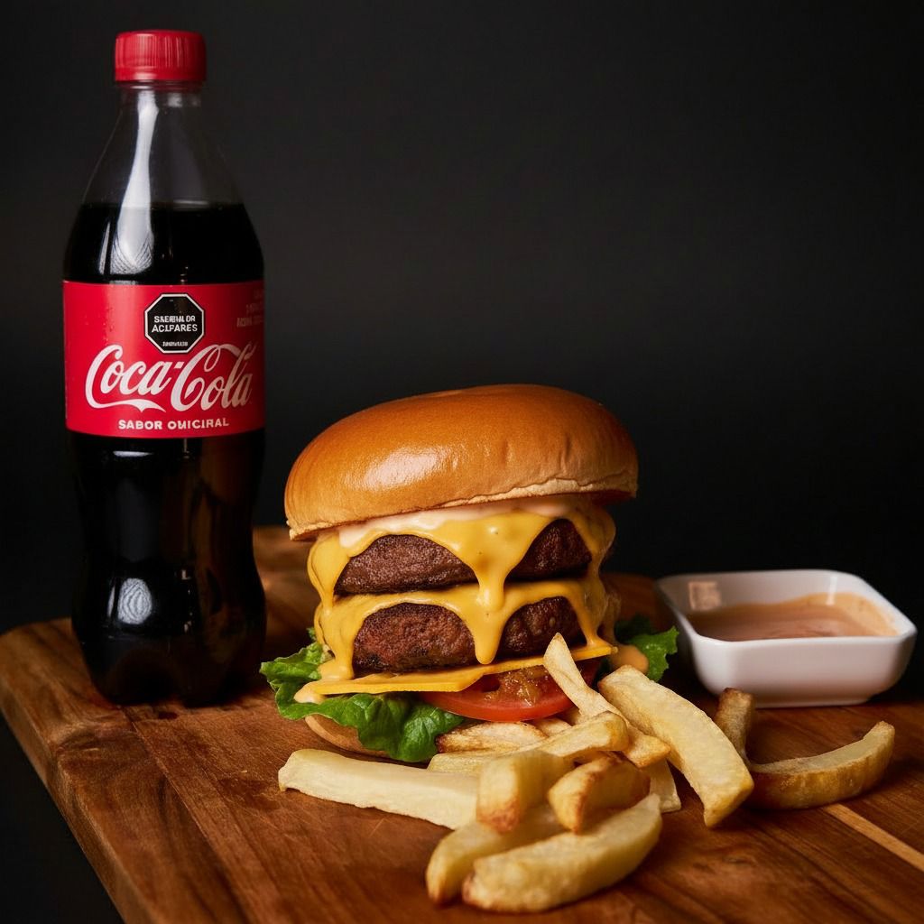 Combo hamburguesa doble con papas fritas y Coca-Cola